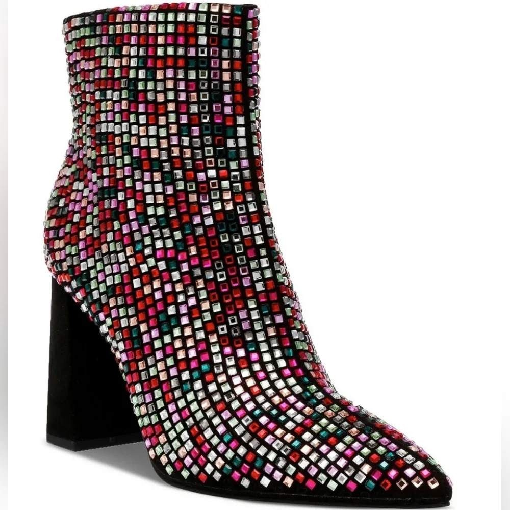 Wild Pair Ingrid Multicolor Rhinestone Block Heel Ankle Boots Pointed Toe 6.5 M